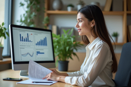 Jeune femme de bureau utilisant un ordinateur portable dans un bureau moderne