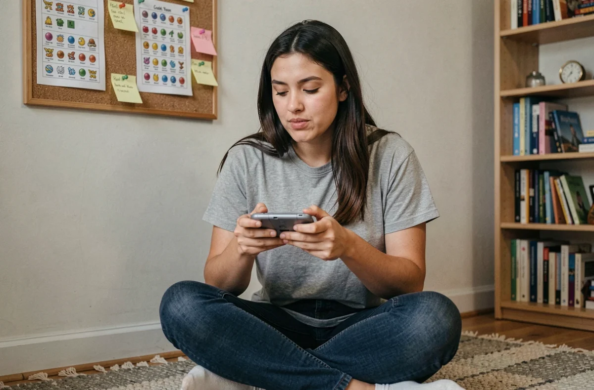 Jeune femme réfléchissant au choix de son starter sur une Game Boy Advance SP dans une chambre décorée de fiches stratégiques Pokémon Émeraude