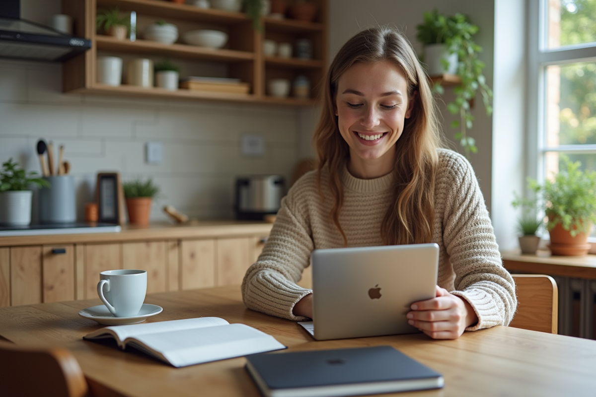 Jeune femme utilisant une tablette dans une cuisine lumineuse