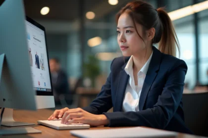 Jeune femme professionnelle examine des maquettes web sur un ordinateur