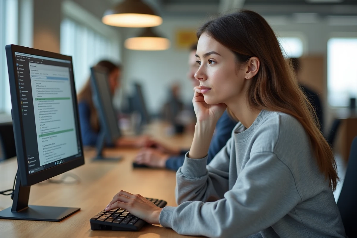 Jeune femme concentrée utilisant un ordinateur dans un espace de travail lumineux