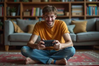 Jeune homme jouant à une console rétro dans un salon nostalgique