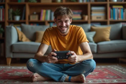 Jeune homme jouant à une console rétro dans un salon nostalgique
