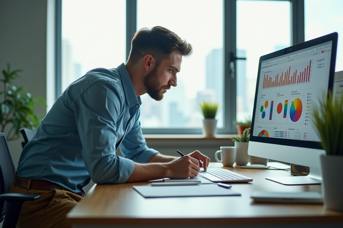 Jeune homme prenant des notes devant un écran de spreadsheet dans un bureau moderne