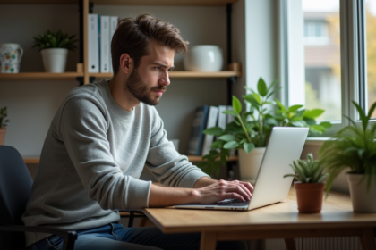 Jeune homme concentré travaillant sur son ordinateur dans un bureau moderne
