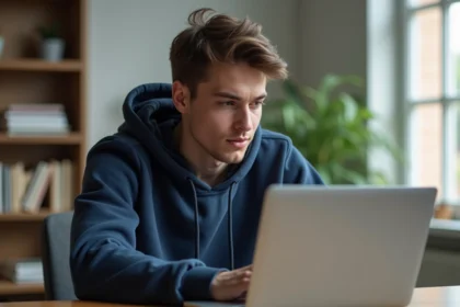 Jeune homme vérifiant Windows Defender sur son laptop