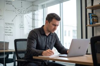 Jeune homme concentré travaillant sur son ordinateur en bureau moderne