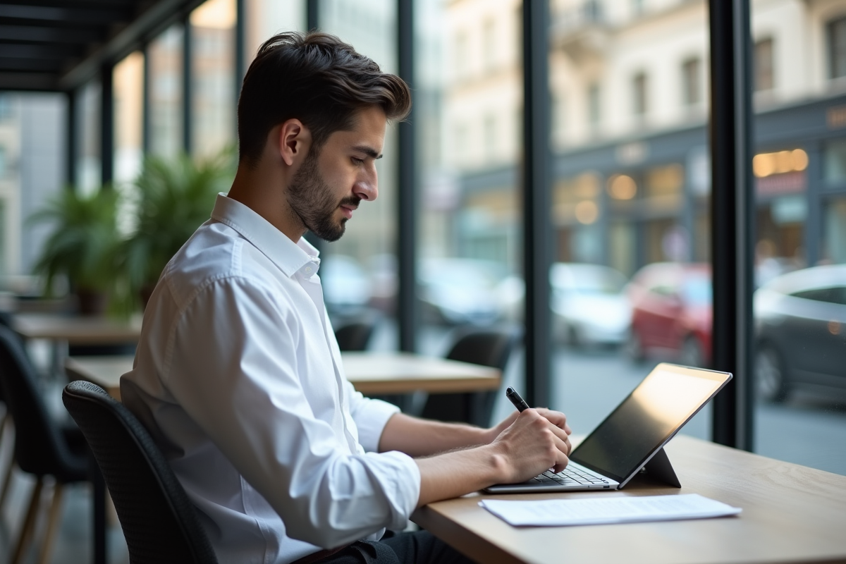 Jeune homme au coworking utilisant une tablette pour annoter