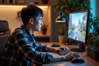 Jeune homme en plaid jouant sur ordinateur dans un bureau cosy