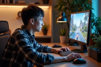 Jeune homme en plaid jouant sur ordinateur dans un bureau cosy
