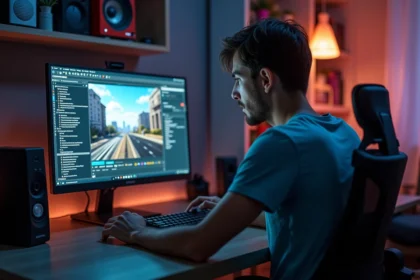 Jeune homme concentré sur son PC avec GTA V en fond