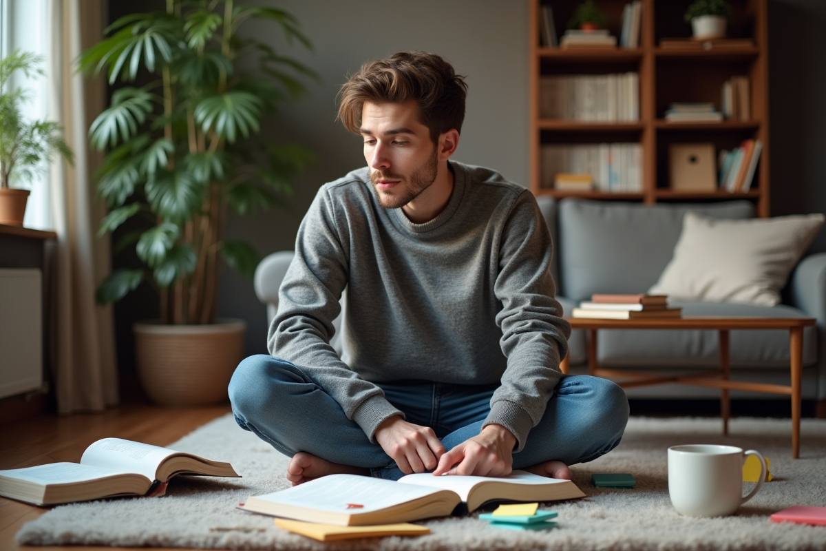 Jeune homme lisant et organisant ses notes dans un salon chaleureux