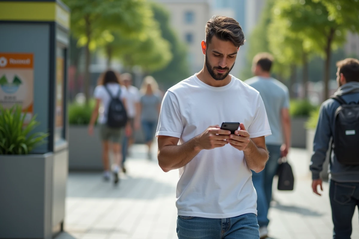 Jeune homme vérifiant son vieux téléphone devant une station de recyclage