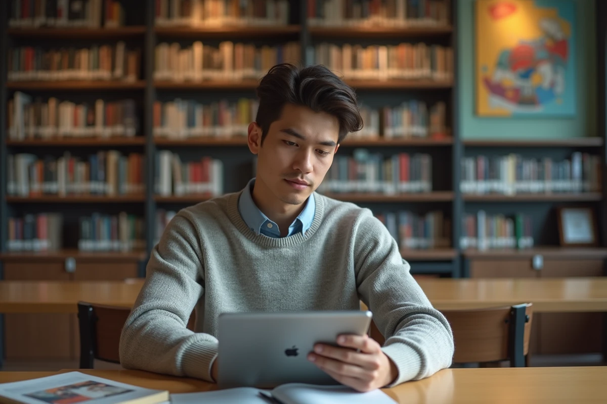 Jeune homme concentré utilisant une tablette en bibliothèque