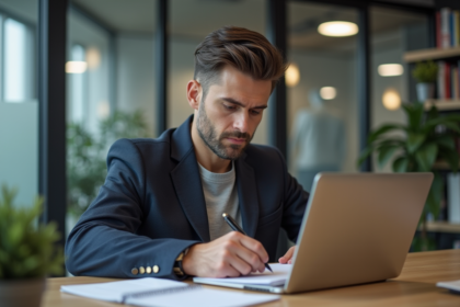 Jeune homme professionnel compare des données sur un ordinateur portable