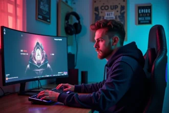 Joueur CS2 assis à son bureau gaming analysant son grade sur l'écran, ambiance chambre gaming réaliste