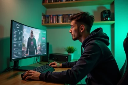 Joueur adulte concentré devant un PC gaming ultrawide dans un bureau moderne avec console next-gen visible en arrière-plan