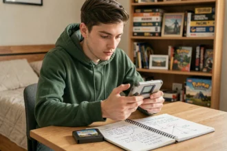 Joueur adulte concentré sur une Game Boy Advance SP avec la cartouche Pokémon Émeraude et des notes de stratégie manuscrites sur un bureau en bois