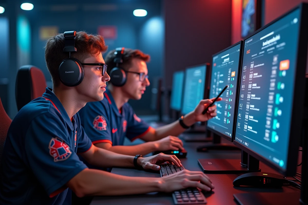 Deux joueurs esport discutant de leur progression de grade sur CS2 dans une salle LAN professionnelle