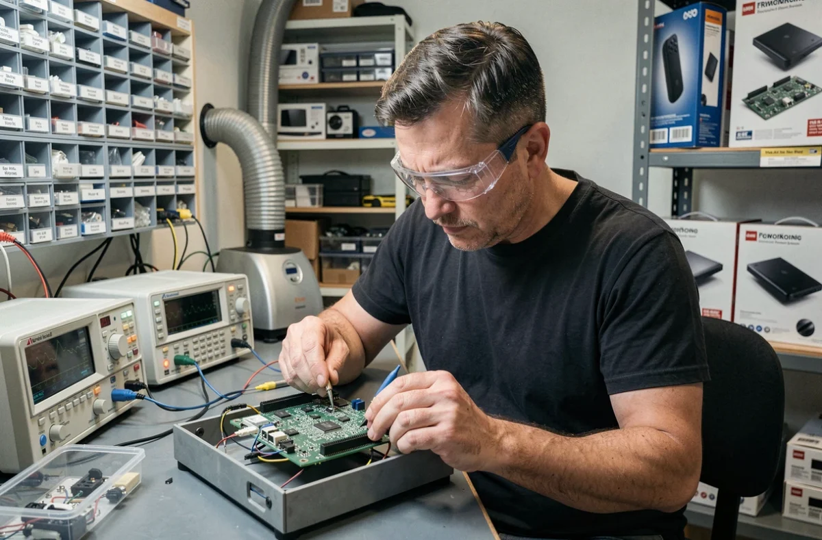 Technicien réparant une carte électronique de console de jeu à l'aide d'un fer à souder dans un atelier spécialisé