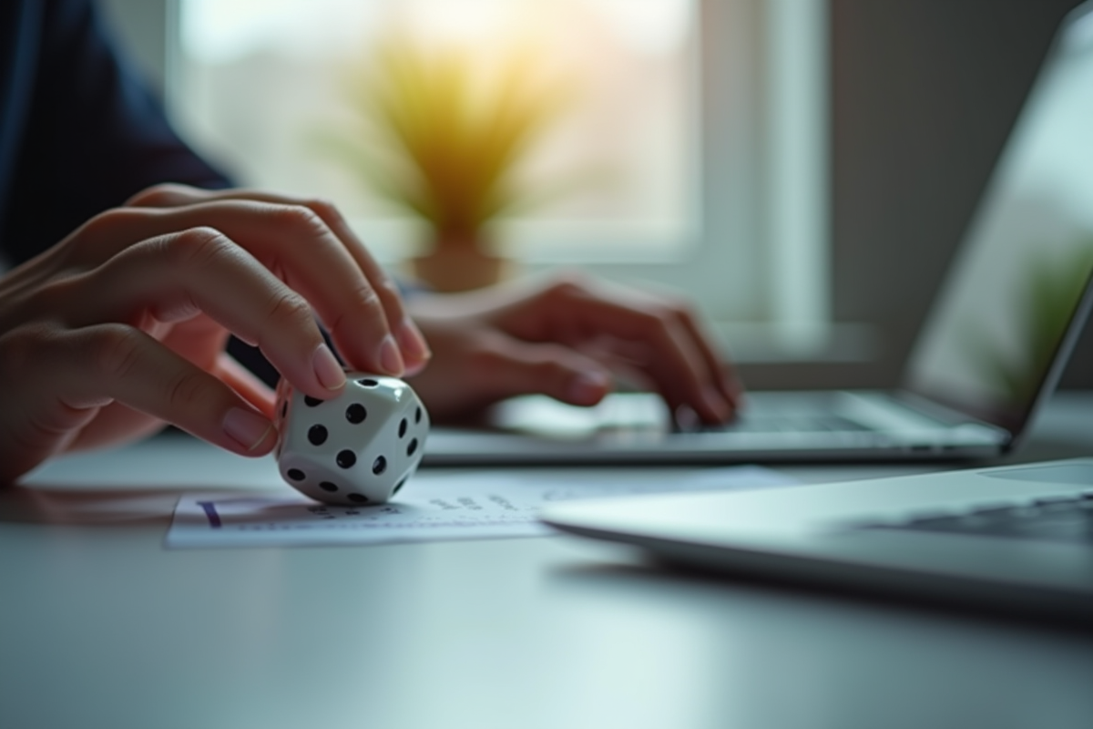 Main lançant un dé sur un bureau avec ordinateur portable