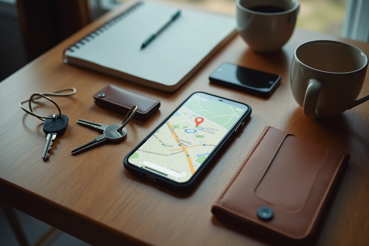 iPhone posé sur un bureau affichant l'application Localiser avec des clés et un portefeuille