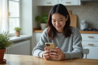Femme utilisant la fonction Localiser mon iPhone sur son téléphone dans une cuisine moderne