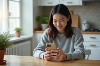 Femme utilisant la fonction Localiser mon iPhone sur son téléphone dans une cuisine moderne