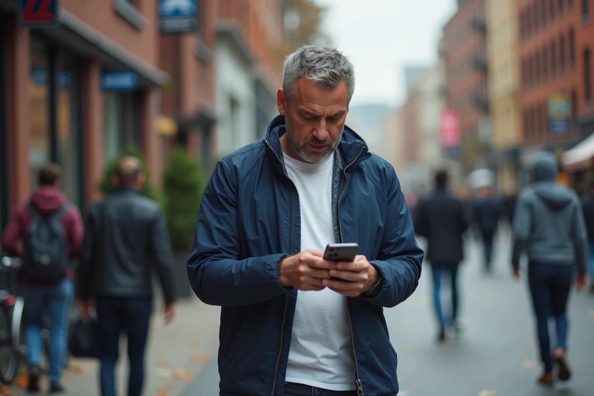 Homme consultant l'application Localiser mon iPhone dans une rue animée en ville