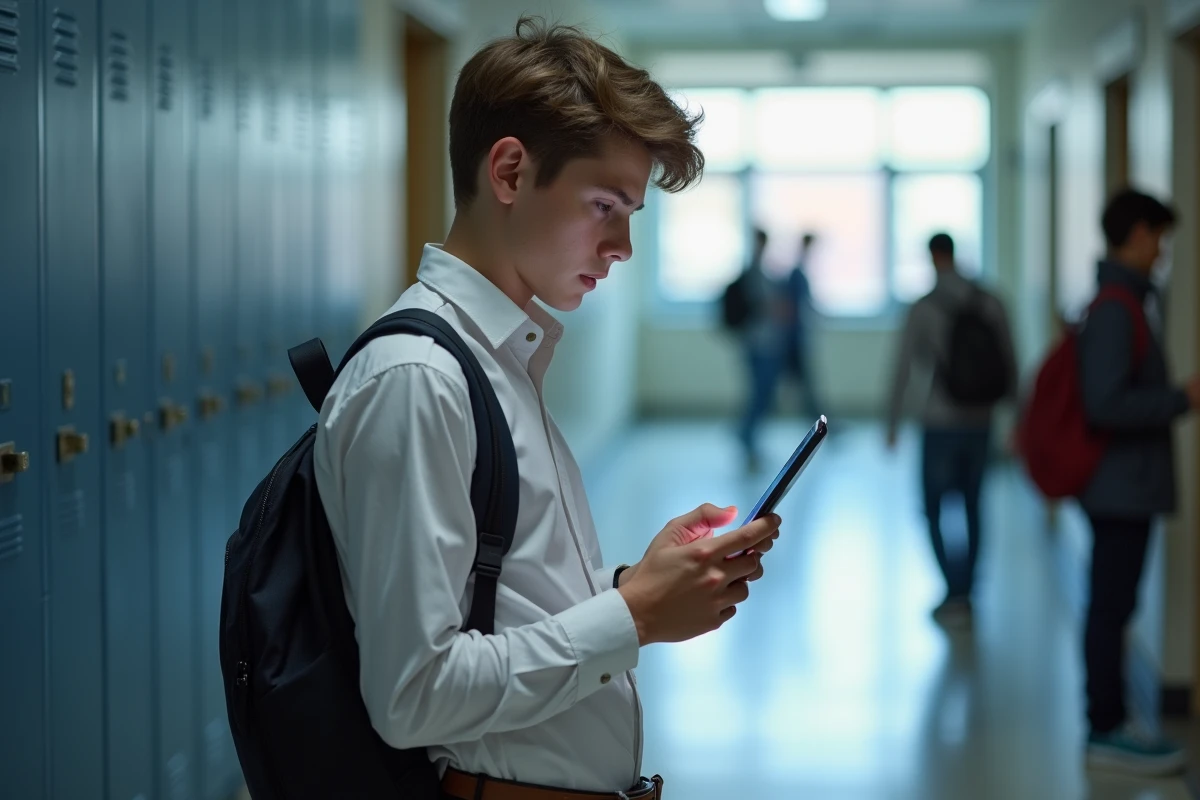 Lycéen réinitialisant son mot de passe sur l'application ENT77 depuis son smartphone dans un couloir scolaire
