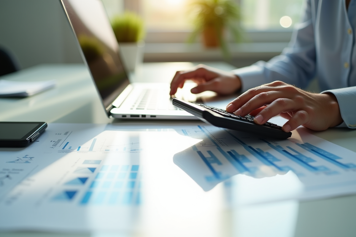 Mains utilisant un ordinateur portable et une calculatrice sur un bureau lumineux