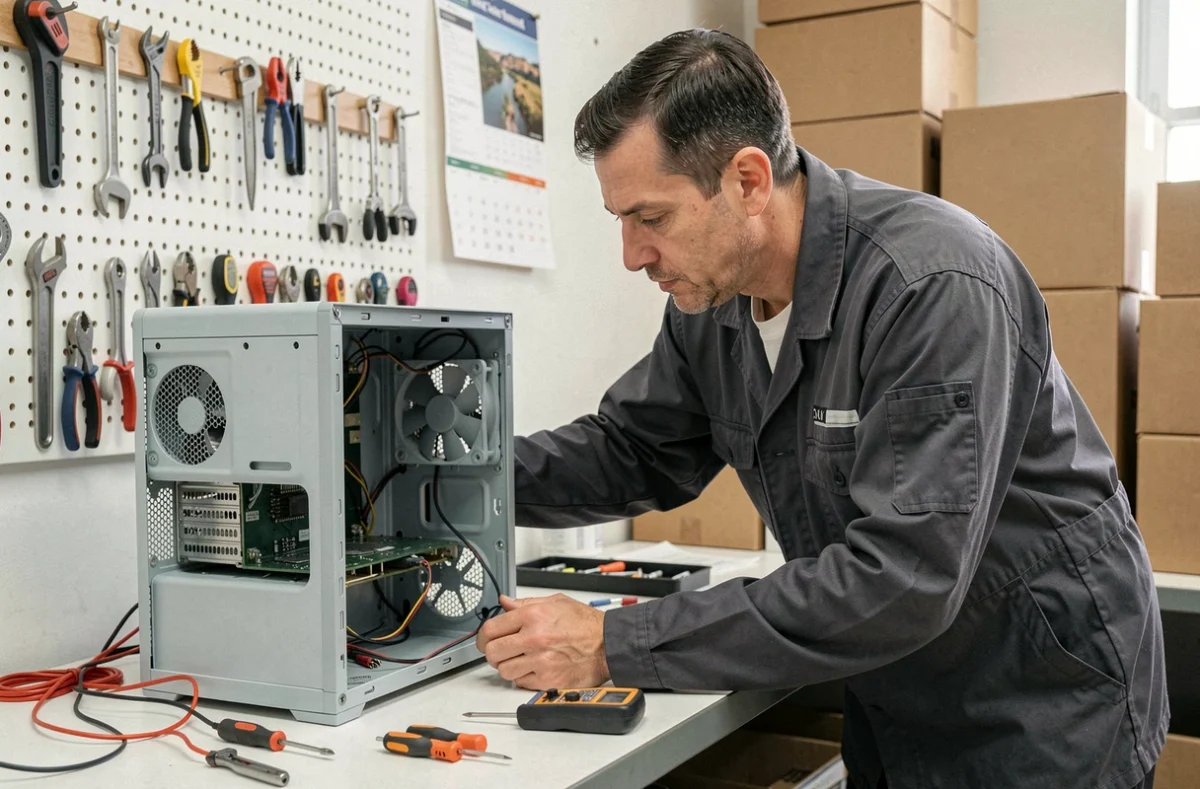 Technicien inspectant l'intérieur d'un ordinateur de bureau ouvert dans un atelier de maintenance informatique