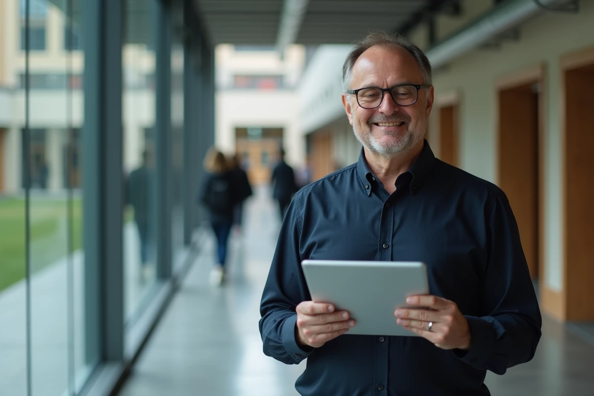 Enseignant consultant une messagerie académique sur tablette dans un couloir universitaire