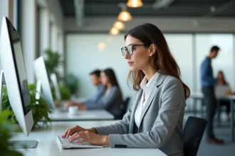 Femme professionnelle consultant sa messagerie académique sur un ordinateur de bureau dans un open space moderne
