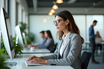 Femme professionnelle consultant sa messagerie académique sur un ordinateur de bureau dans un open space moderne