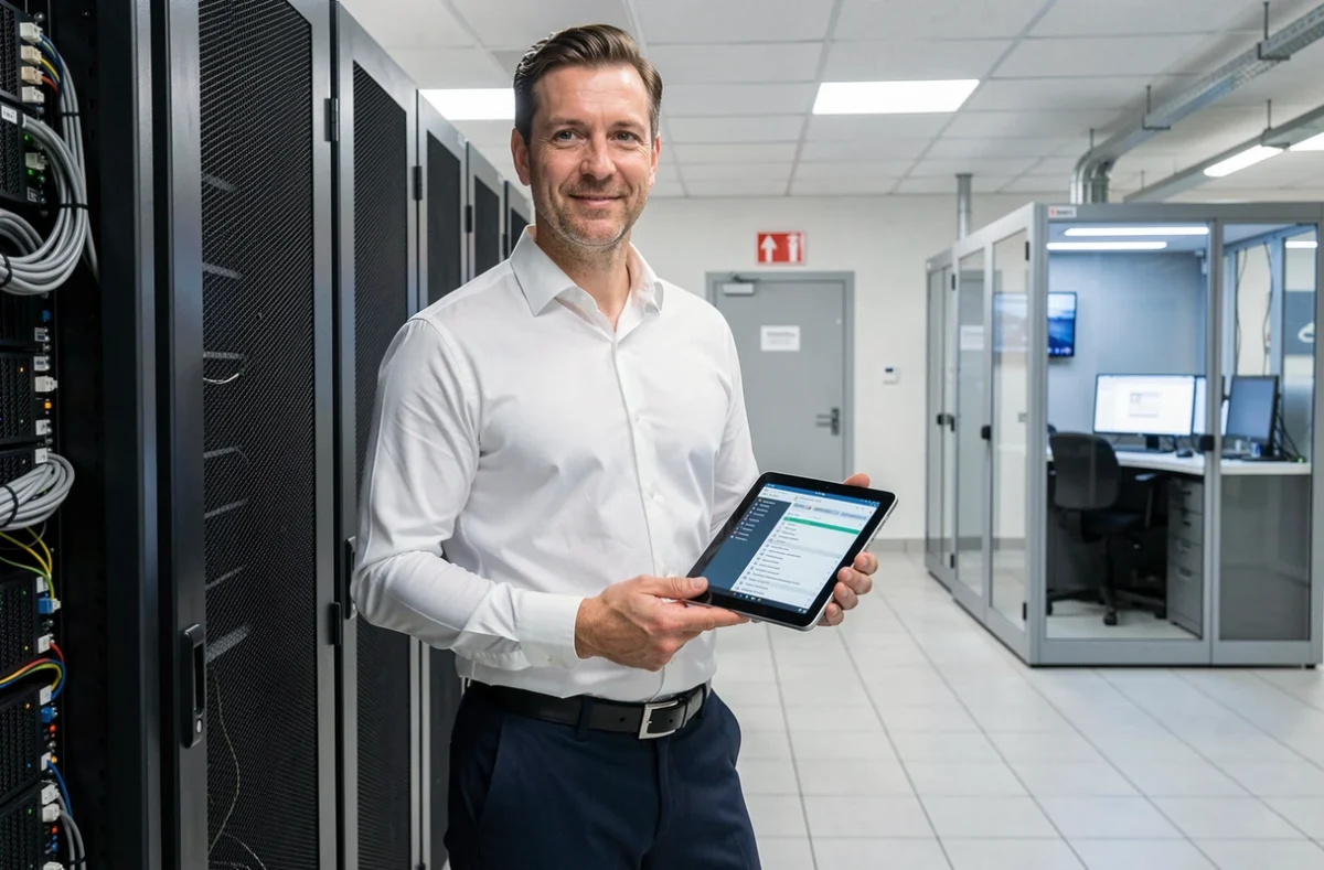 Consultant informatique professionnel debout devant des serveurs dans un centre de données à Clermont-Ferrand