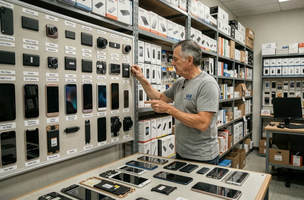 Technicien Mobilax dans le Var organisant un large stock de pièces détachées pour smartphones sur un mur de rayonnages