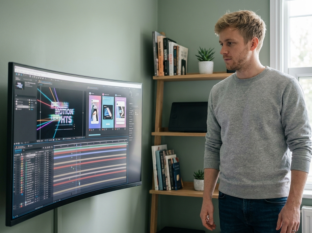 Motion designer masculin travaillant sur une timeline d'animation pour des vidéos publicitaires sur les réseaux sociaux dans un studio à domicile