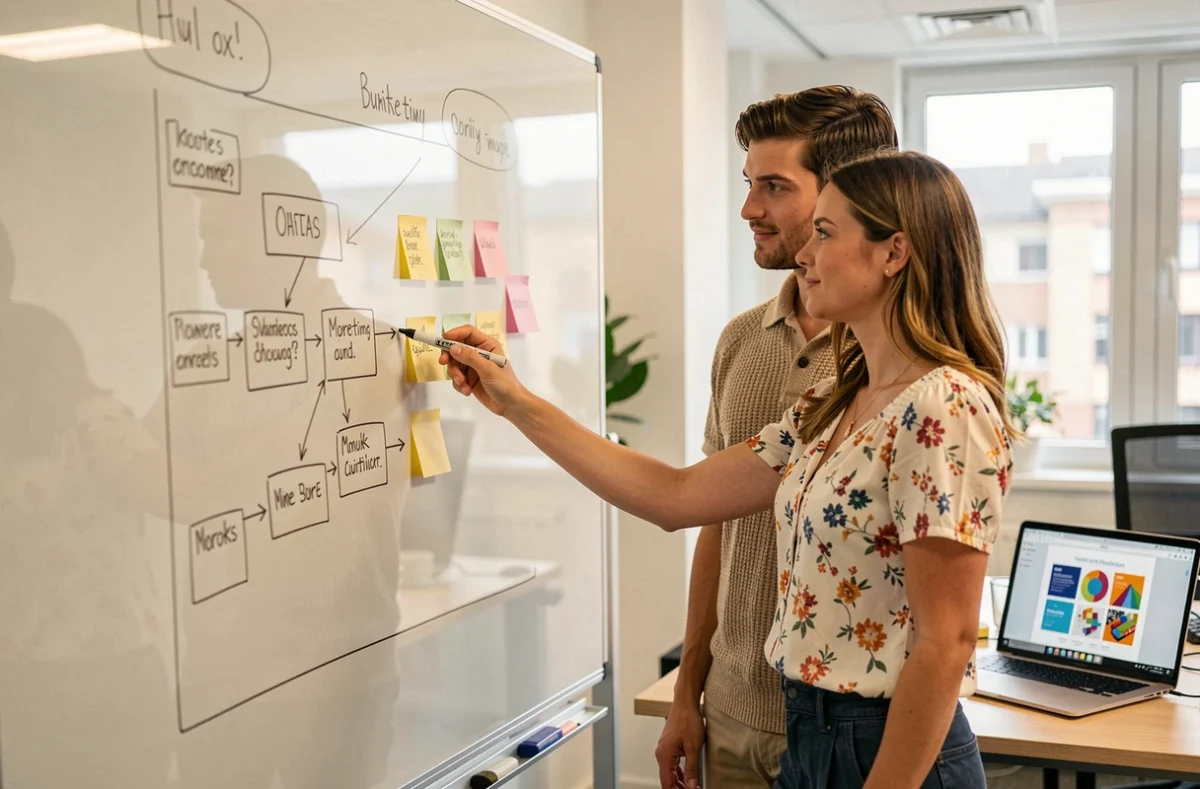 Équipe d'une agence web et marketing digital en train de planifier une stratégie de création de site et de marketing sur un tableau blanc