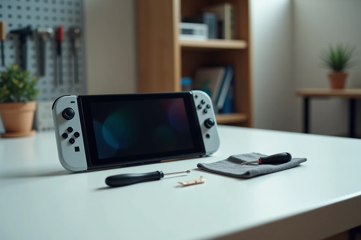 Nintendo Switch posée sur un bureau avec outils de réparation pour diagnostic après une chute