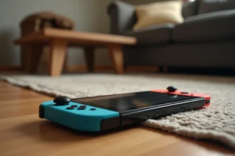 Nintendo Switch tombée par terre avec Joy-Con détaché et fissure sur l'écran après une chute accidentelle