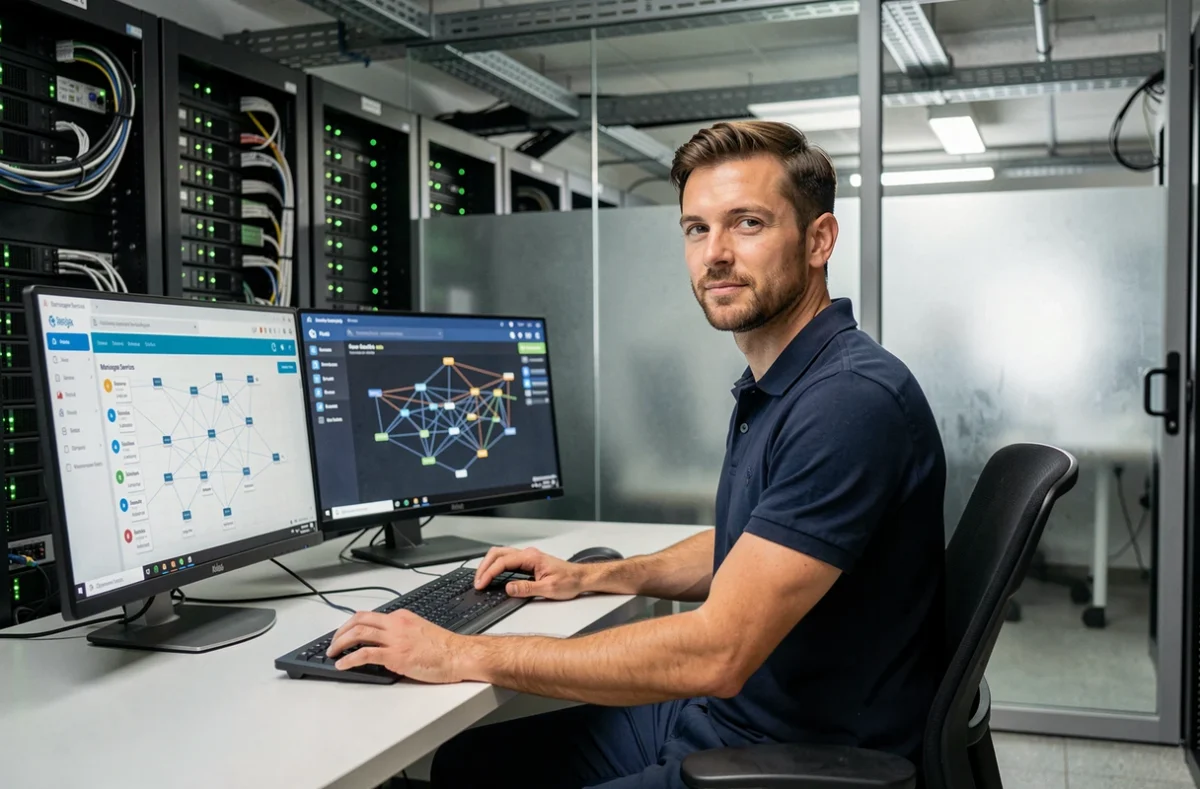 Technicien en infogérance travaillant sur un tableau de bord de services managés dans une salle serveur à Clermont-Ferrand