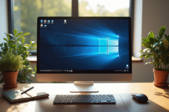 Ecran d'ordinateur moderne sur un bureau lumineux avec Windows