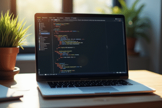 Ordinateur portable sur un espace de travail moderne avec code et API clé