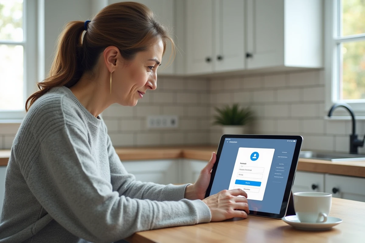 Mère de famille aidant son enfant à retrouver le mot de passe de l'application mobile ENT77 sur une tablette