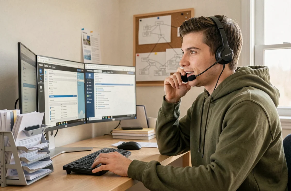Jeune technicien informatique polyvalent gérant des connexions à distance depuis un bureau à domicile organisé