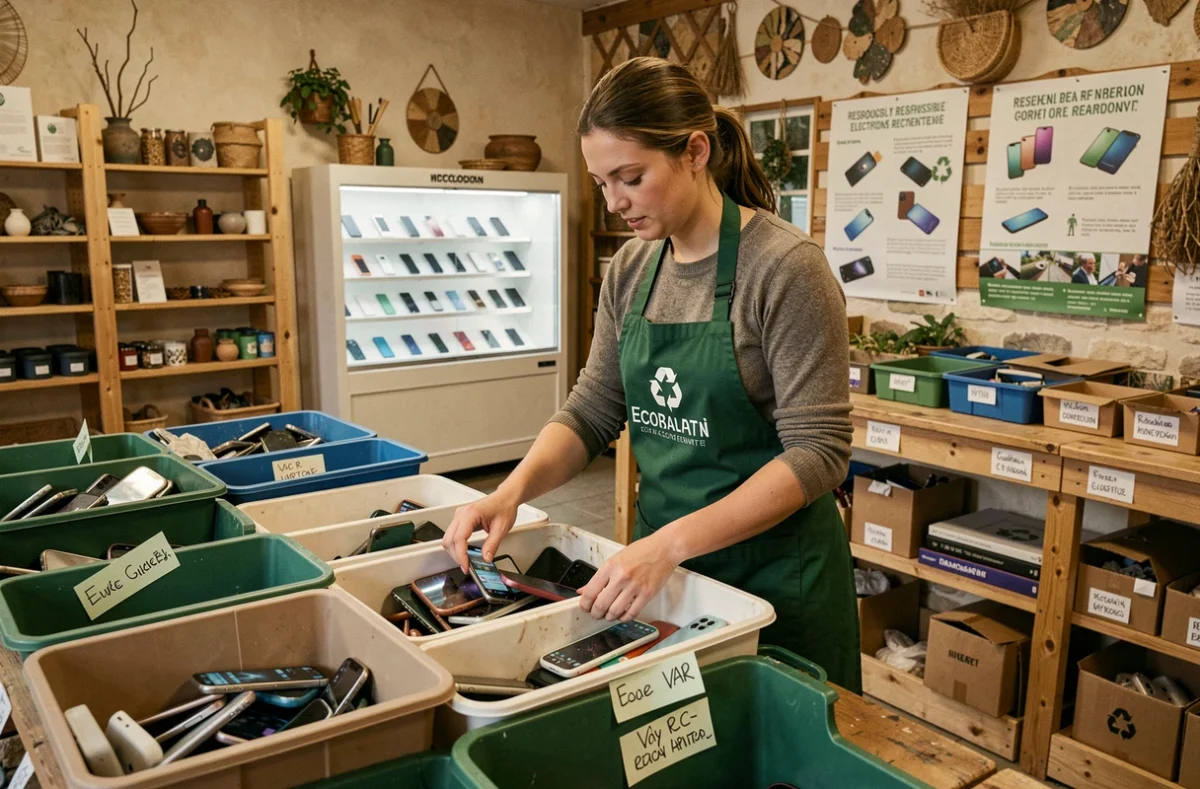 Employée Phone Recycle dans le Var triant des téléphones usagés dans des bacs de recyclage et de remise en état