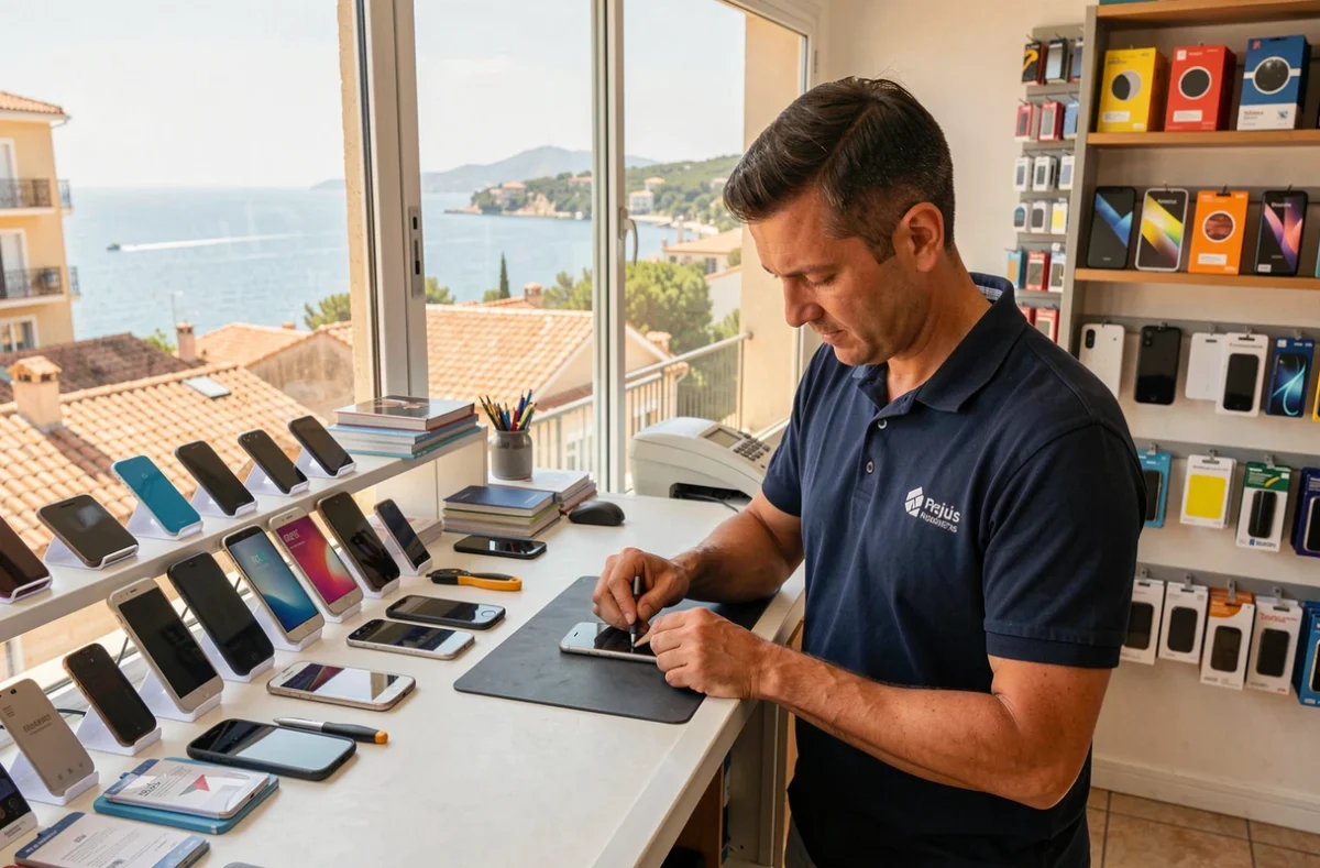 Technicien Point Service Mobiles Fréjus réparant un smartphone avec la côte varoise méditerranéenne visible en arrière-plan