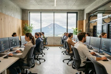 Vue d'ensemble d'un bureau informatique moderne dans le Puy-de-Dôme avec des professionnels travaillant sur des postes informatiques