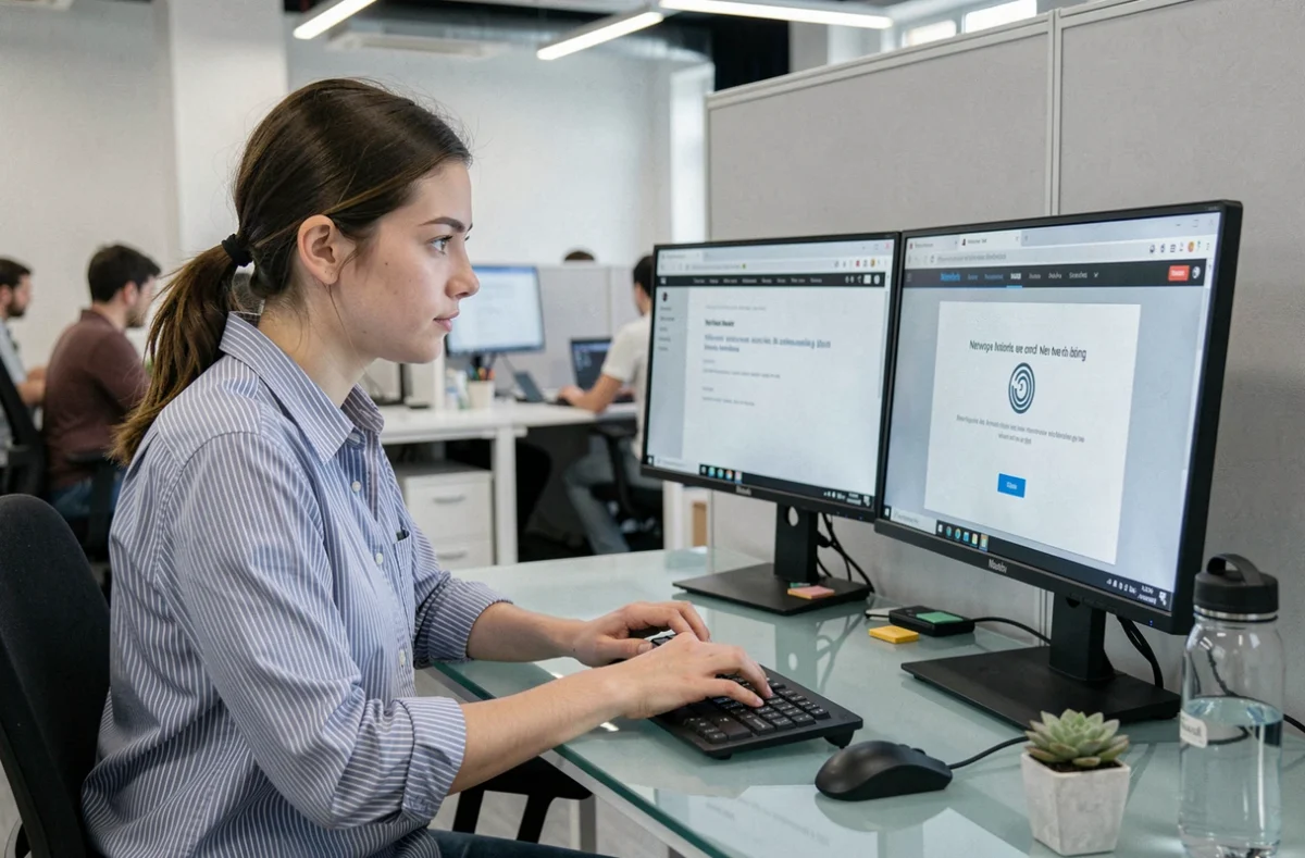 Jeune femme en open space face à une page d'erreur réseau sur ses écrans lors d'un problème de connexion Dopriv